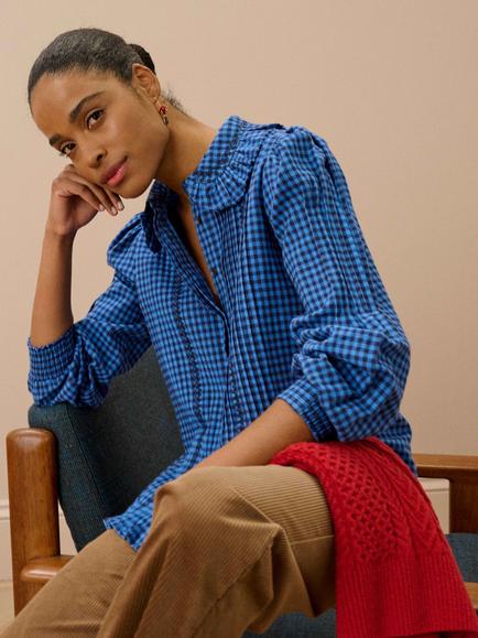 Brora Brushed Cotton Gingham Blouse, Delft - view 2, Delft