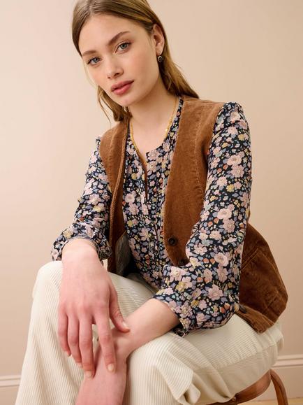 Brora Liberty Print Pure Silk Smock Blouse, Mocha - view 2, Mocha
