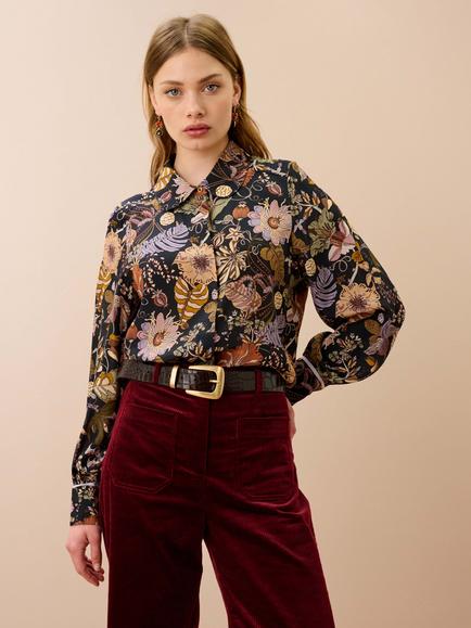 Brora Liberty Print Pure Silk Crepe De Chine Shirt, Coal, Coal