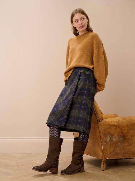 Brora Heritage Check Bias Cut Wool Blend Skirt, Forest/Navy, Forest/Navy