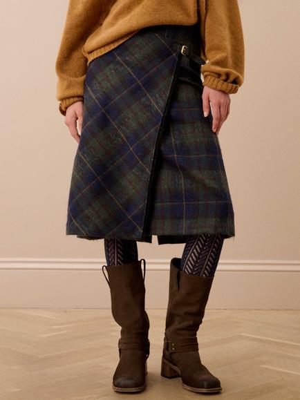 Brora Heritage Check Bias Cut Wool Blend Skirt, Forest/Navy - view 2, Forest/Navy