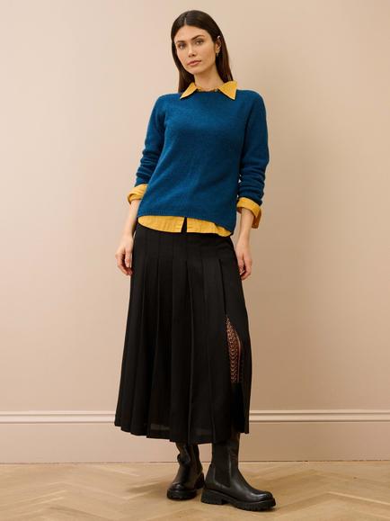 Brora Side Split Wool Midi Kilt, Black, Black