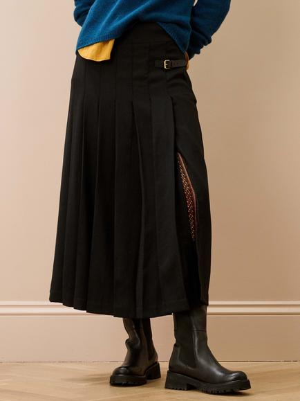 Brora Side Split Wool Midi Kilt, Black - view 2, Black