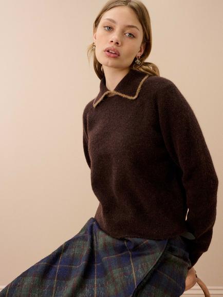 Brora Alpaca Rich Collared Jumper - view 2, Chocolate
