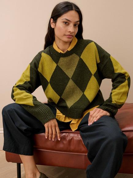 Brora Donegal Wool Argyle Jumper - view 2, Loden