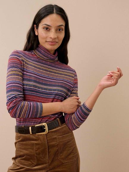 Brora Fine Stripe Jersey Roll Neck Long Sleeve Top, Ember/Ink