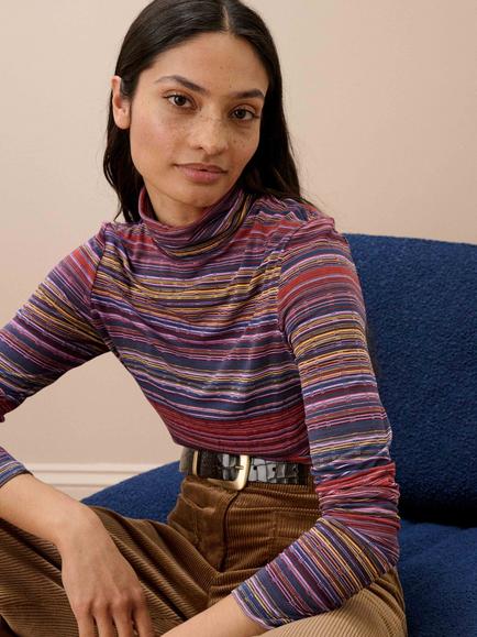 Brora Fine Stripe Jersey Roll Neck Long Sleeve Top - view 2, Ember/Ink