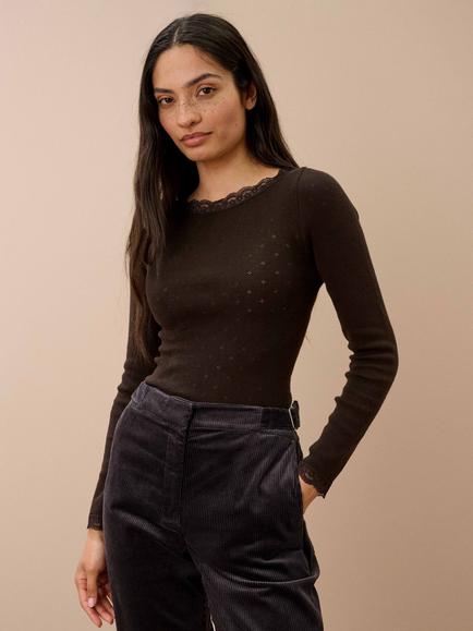 Brora Lace Trim Scoop Neck Top, Bitter Chocolate