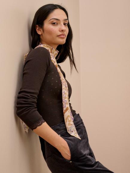 Brora Lace Trim Scoop Neck Top - view 2, Bitter Chocolate