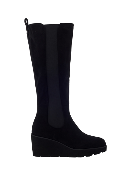 Moda in Pelle Rounia Suede Wedge Heel Knee High Boots, Black, Black