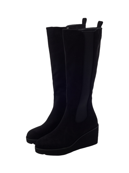 Moda in Pelle Rounia Suede Wedge Heel Knee High Boots, Black - view 2, Black