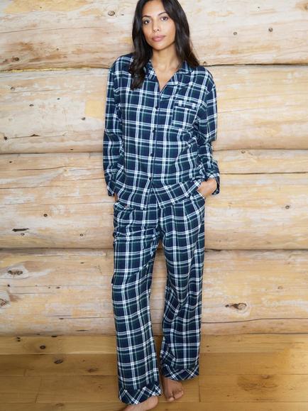 The Little Tailor Cotton Flannel Christmas Check Pyjama Set, Navy/Green