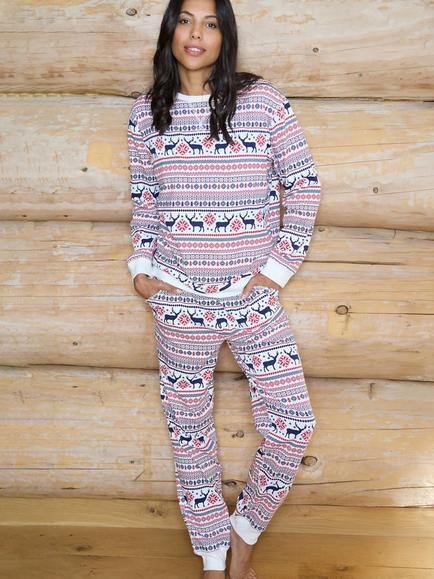 The Little Tailor Cotton Reindeer Fairisle Christmas Pyjama Set, Cream/Navy/Red