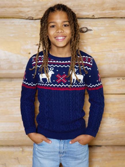 The Little Tailor Kids' Cotton Cable Knit Reindeer Jumper, Navy, Navy