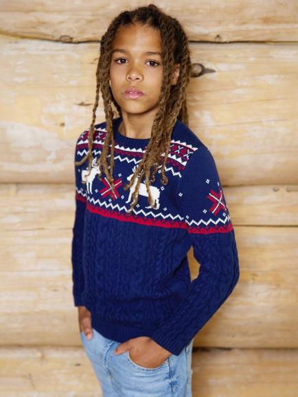 The Little Tailor Kids' Cotton Cable Knit Reindeer Jumper, Navy - view 2, Navy