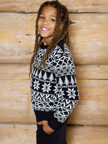 The Little Tailor Kids' Cotton Fair Isle Jumper, Black/Cream - view 2, Black/Cream