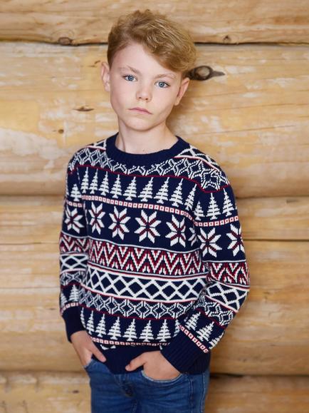 The Little Tailor Kids' Cotton Fair Isle Jumper, Navy/Red/Cream, Navy/Red/Cream
