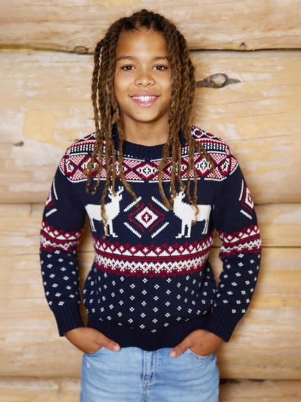 The Little Tailor Kids' Premium Cotton Christmas Reindeer Crew Neck Jumper, Navy/Red/Cream