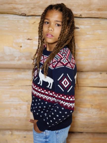 The Little Tailor Kids' Premium Cotton Christmas Reindeer Crew Neck Jumper - view 2, Navy/Red/Cream
