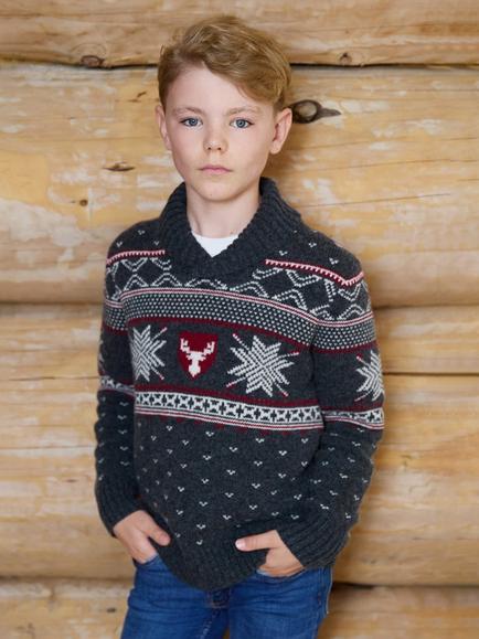 The Little Tailor Kids' Christmas Shawl Neck Sheild Wool Blend Jumper, Charcoal/Red/Cream