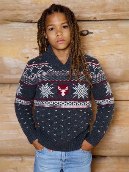 The Little Tailor Kids' Christmas Shawl Neck Sheild Wool Blend Jumper - view 2, Charcoal/Red/Cream