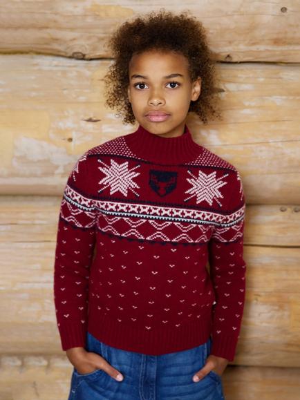 The Little Tailor Kids' Christmas Red Sheild Turtle Neck Wool Blend Jumper, Red/Navy/Cream