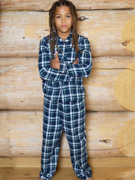 The Little Tailor Kids' Brushed Cotton Long Sleeve Pyjama Set, Navy/Green