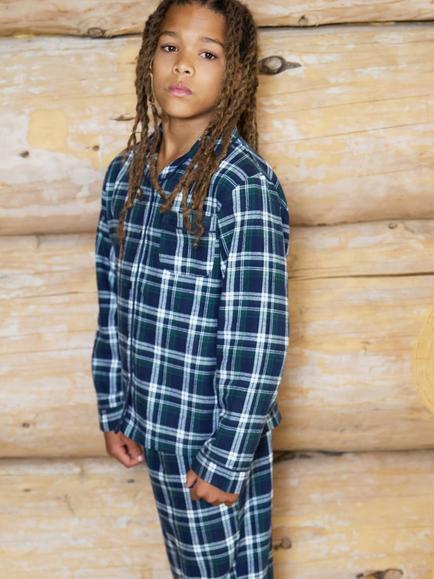 The Little Tailor Kids' Brushed Cotton Long Sleeve Pyjama Set - view 2, Navy/Green