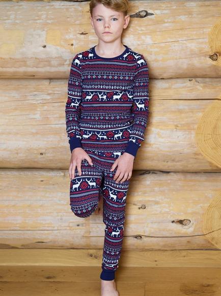 The Little Tailor Kids' Cotton Christmas Fair Isle Reindeer Pyjama Set, Navy/Red/Cream
