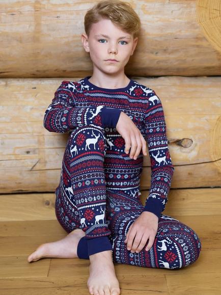 The Little Tailor Kids' Cotton Christmas Fair Isle Reindeer Pyjama Set - view 2, Navy/Red/Cream