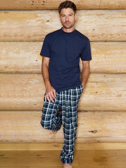The Little Tailor Cotton Flannel Check Pyjama Set, Navy, Green - view 2, Navy, Green
