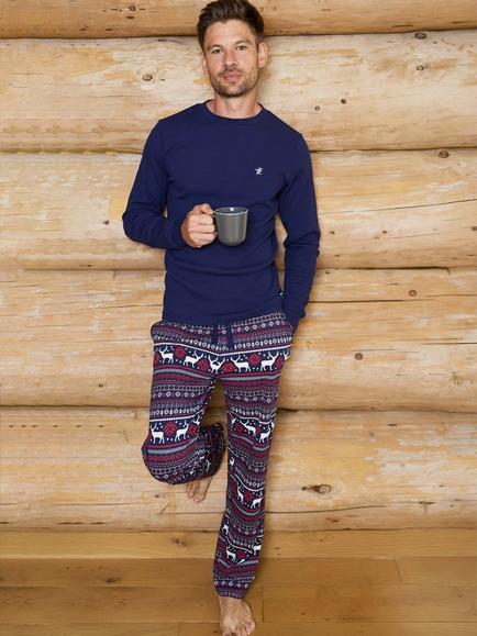 The Little Tailor Cotton Fair Isle Reindeer Pyjama Set, Navy/Red/Cream