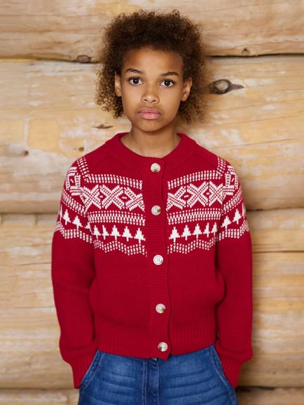 The Little Tailor Kids' Cotton Fair Isle Cardigan, Red Multi, Red Multi