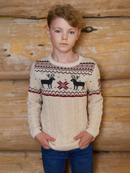 The Little Tailor Kids' Cotton Cable Knit Reindeer Jumper, Cream, Cream