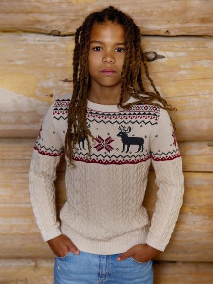 The Little Tailor Kids' Cotton Cable Knit Reindeer Jumper, Cream - view 2, Cream