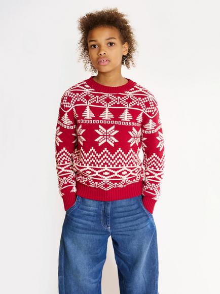 The Little Tailor Kids' Cotton Fair Isle Jumper, Red/Cream - view 2, Red/Cream