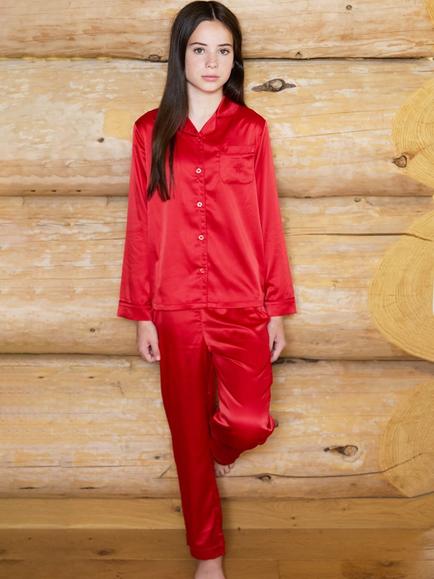 The Little Tailor Kids' Satin Pyjama Set, Red, Red