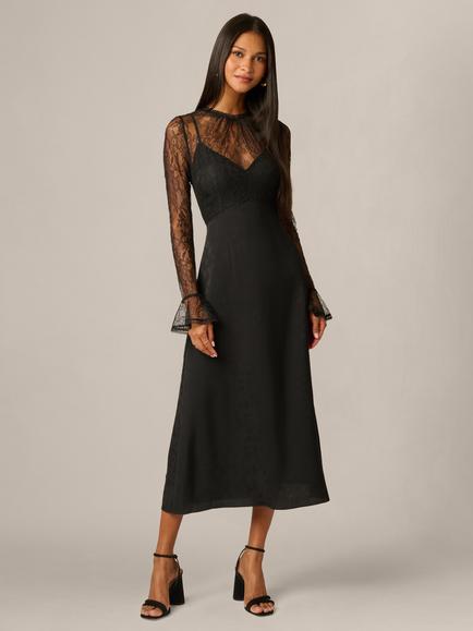 Adrianna Papell Lace Yoke Satin Dress, Black, Black