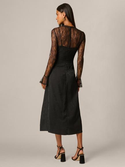 Adrianna Papell Lace Yoke Satin Dress, Black - view 2, Black