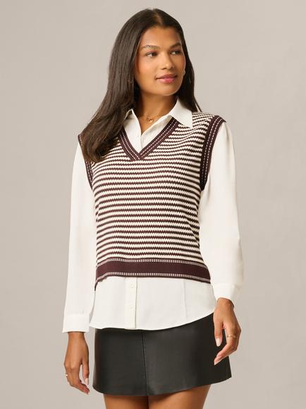 Adrianna Papell Jacquard  Stripe Twofer Jumper, Chocolate/Cream, Chocolate/Cream