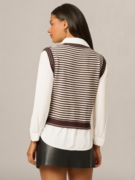 Adrianna Papell Jacquard  Stripe Twofer Jumper, Chocolate/Cream - view 2, Chocolate/Cream