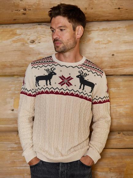 The Little Tailor Cotton Cable Knit Reindeer Jumper, Cream, Cream