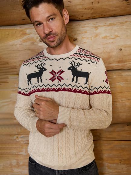 The Little Tailor Cotton Cable Knit Reindeer Jumper, Cream - view 2, Cream