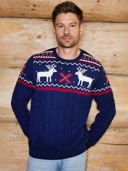 The Little Tailor Cotton Cable Knit Reindeer Jumper, Navy, Navy