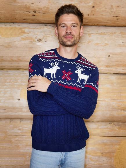 The Little Tailor Cotton Cable Knit Reindeer Jumper, Navy - view 2, Navy