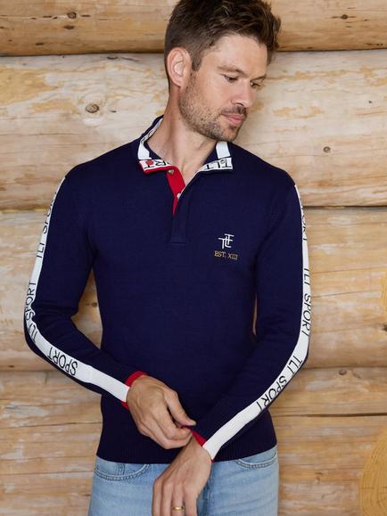 The Little Tailor Collared Half Neck Jumper, Navy, Cream, Navy, Cream