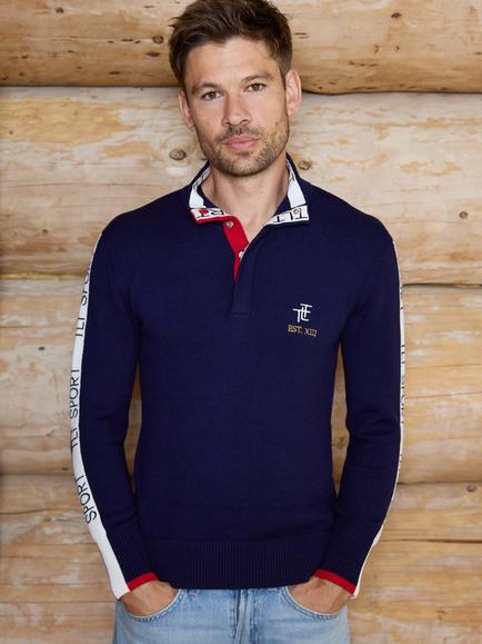 The Little Tailor Collared Half Neck Jumper, Navy, Cream - view 2, Navy, Cream