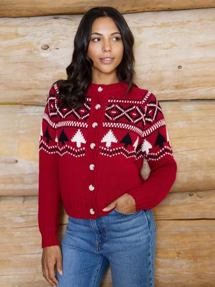 The Little Tailor Cotton Fair Isle Cardigan, Red Multi, Red Multi
