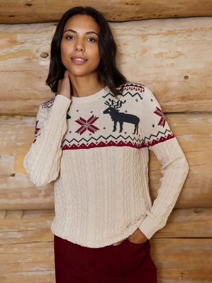 The Little Tailor Cotton Cable Knit Reindeer Jumper, Cream - view 2, Cream