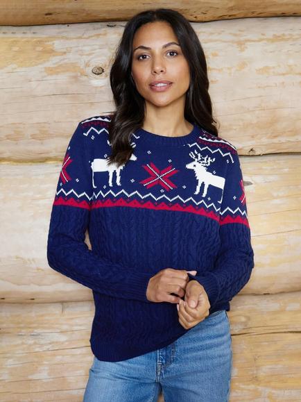 The Little Tailor Cotton Cable Knit Reindeer Jumper, Navy - view 2, Navy